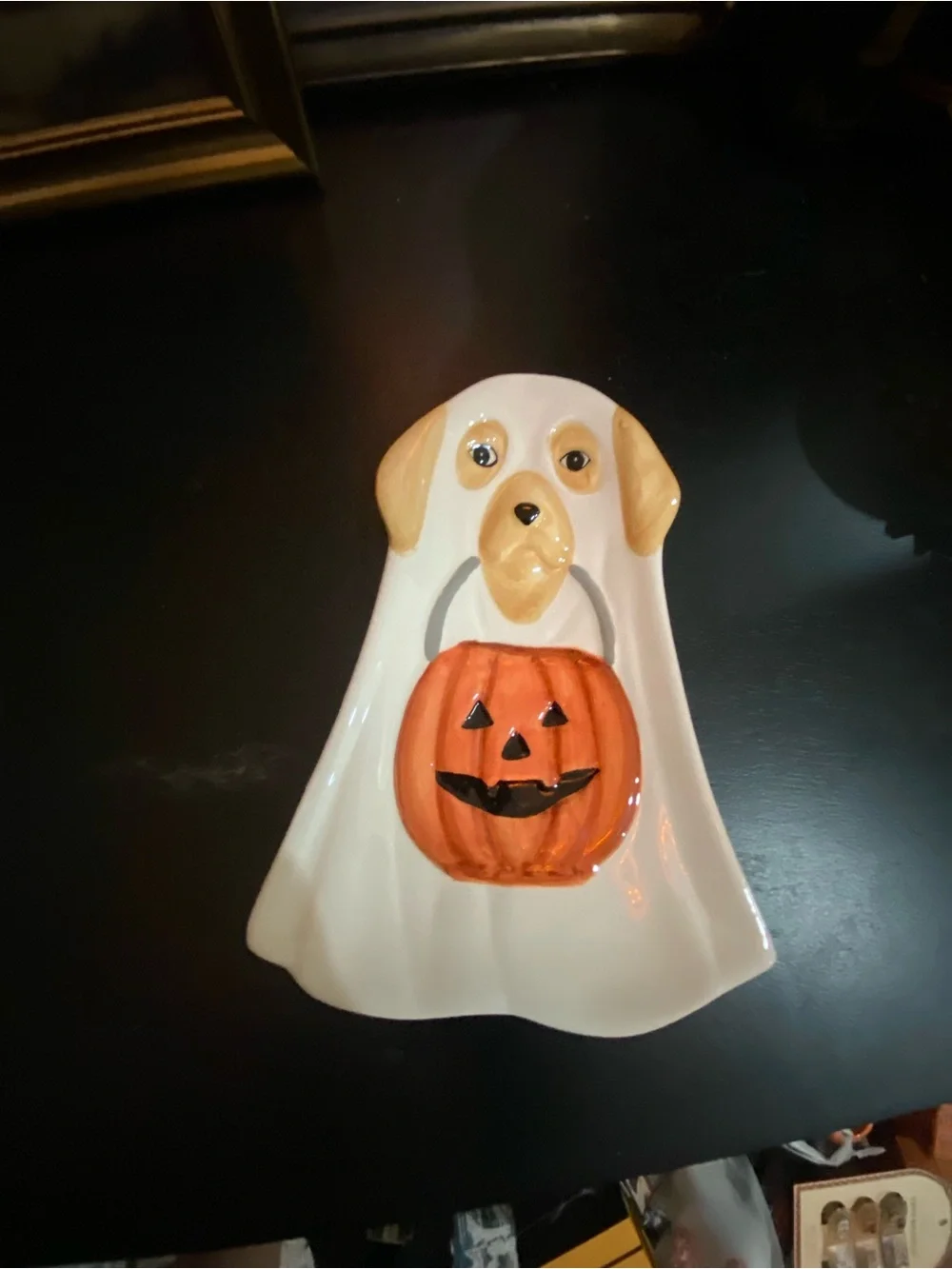 Halloween Ghost dog with jack-o’-lantern utensil plate